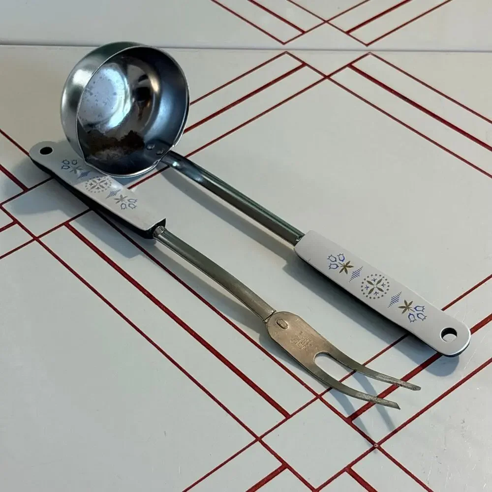 Vintage EKCO USA Ladle & Meat Fork Set Floral Handles